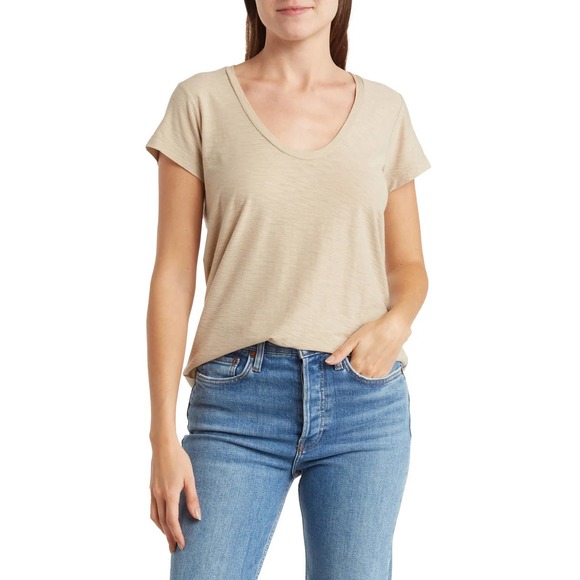 James Perse Tops - James Perse Women's Cotton Modal Slub Deep Scoop V Neck Tee T-Shirt in Biscuit